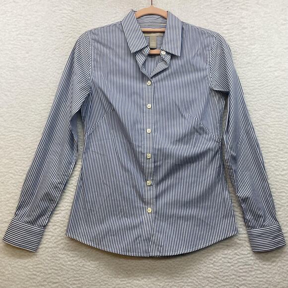 Banana Republic Shirt Womens 0 Blue Non Iron Button Down Long Sleeve Striped - Picture 1 of 10